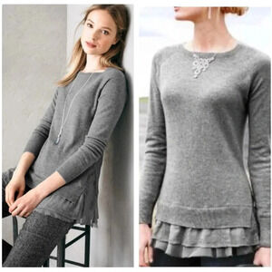 GARNET HILL | Gray Layered Cashmere Embroidered Lace Shirttail Sweater Size XS